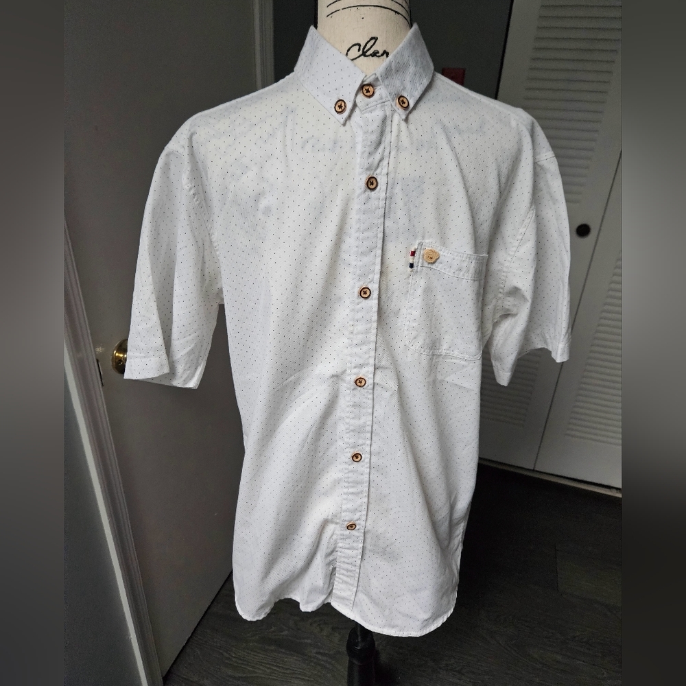 On street button down polka dot dress shirt